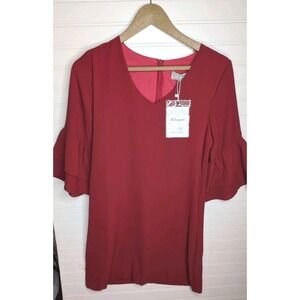 BELONGSCI Women's Small V Neck Mini Dress NWT Red Bell Sleeve Zipper Lightweight